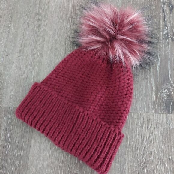 Burgundy Knit Pom Pom Beanie - Picture 3 of 4